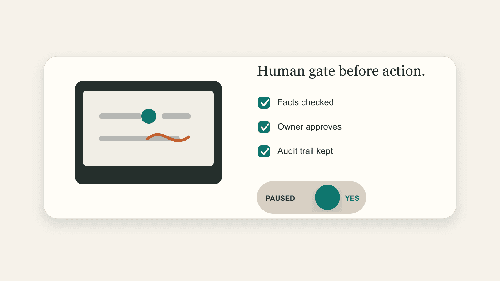 Illustration of a paused workflow with facts checked, owner approval, and an audit trail