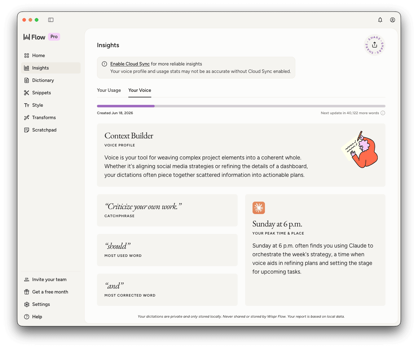 Wispr Flow Insights panel showing Daniel's voice profile — Context Builder, catchphrase, most-used and most-corrected words, and peak dictation time