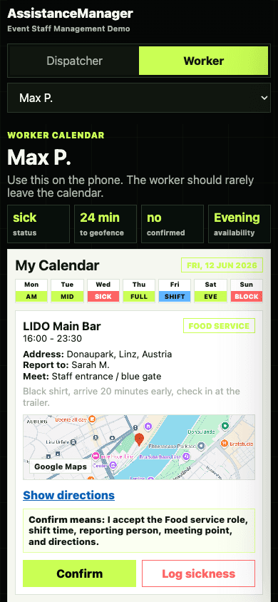 Worker mobile calendar demo